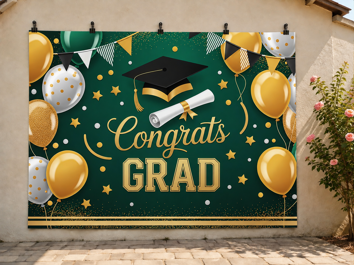 Congrats Grad Green and Gold printed polyester backdrop, shown at244 x183cm with straight-cut unhemmed edges and wall clips. Flat printed scenery; accessories not included.