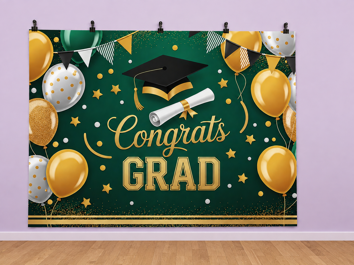 Congrats Grad Green and Gold printed polyester backdrop, shown at244 x183cm with straight-cut unhemmed edges and wall clips. Flat printed scenery; accessories not included.