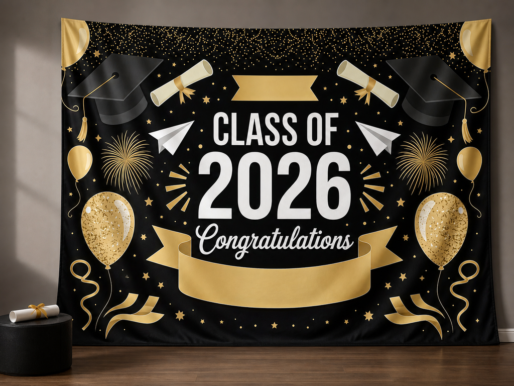 Class of 2026 black gold fabric backdrop for graduation portraits