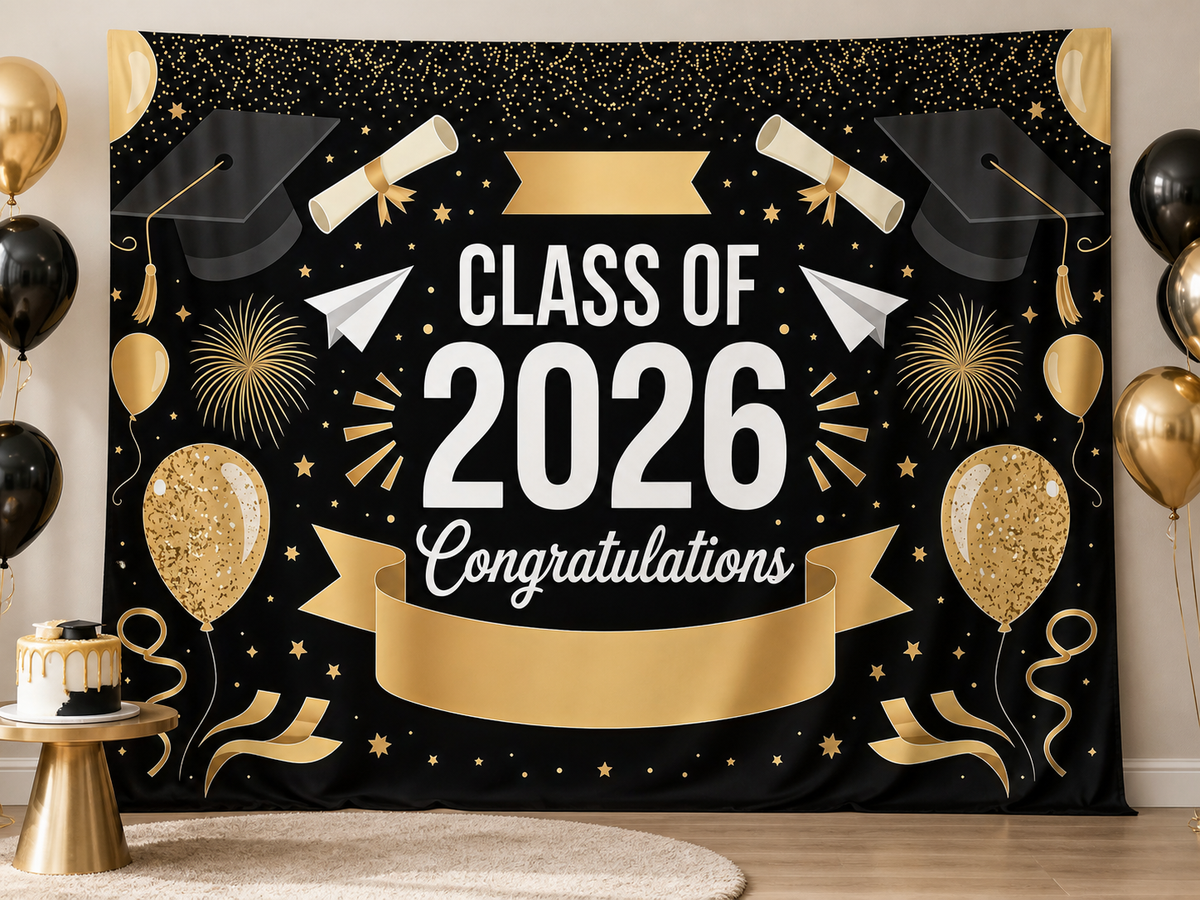 Black gold Class of 2026 graduation party photo backdrop