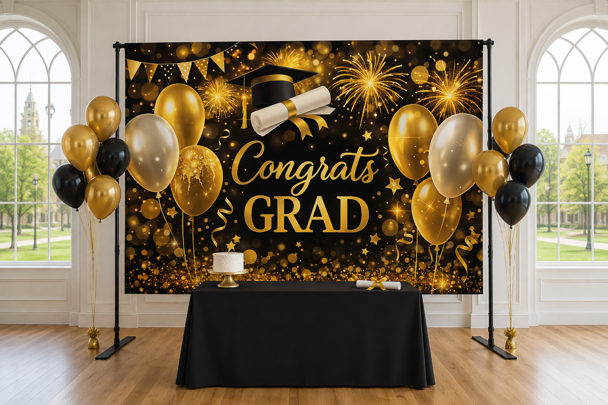 Black Gold Congrats Grad Backdrop in event studio