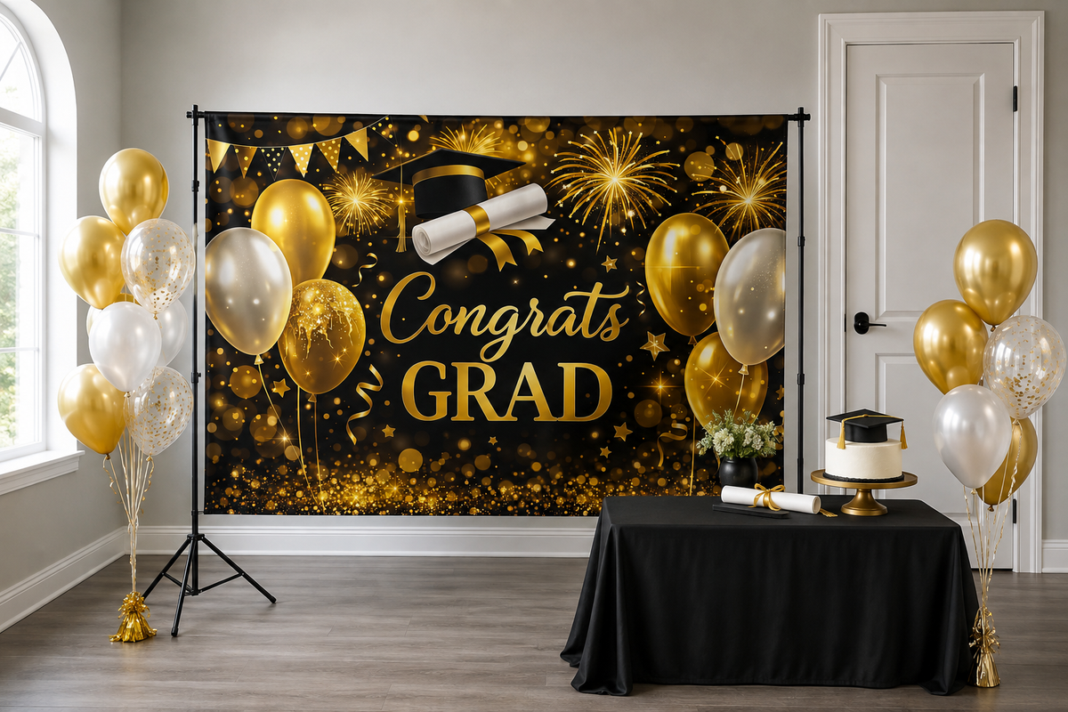 Black Gold Congrats Grad Backdrop in alternate room setting