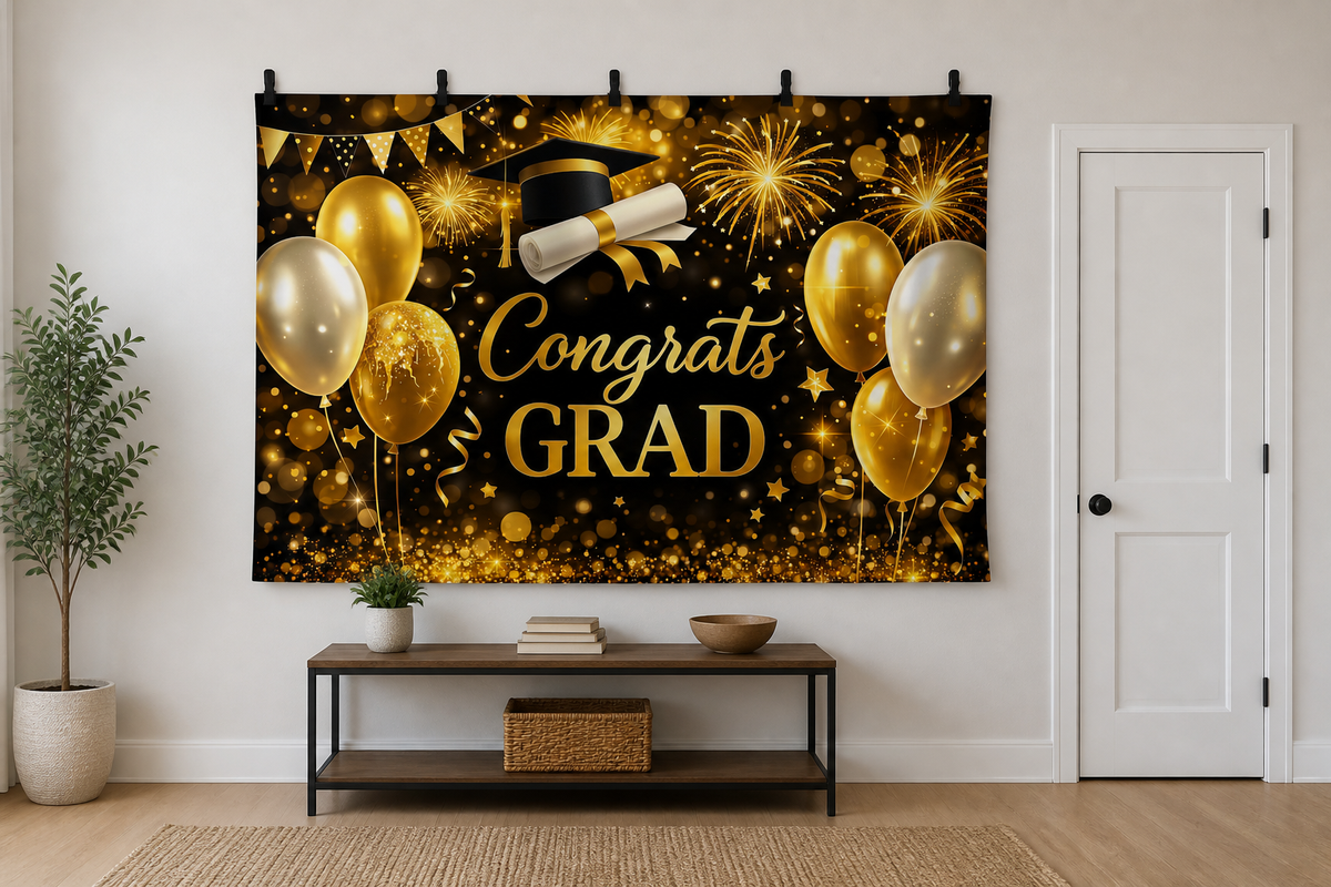 Black Gold Congrats Grad Backdrop clipped directly to wall