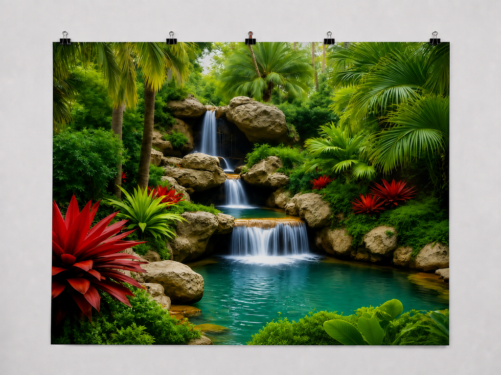 Tropical Waterfall Landscape printed polyester backdrop, shown at244 x183cm with straight-cut unhemmed edges and wall clips. Flat printed scenery; accessories not included.