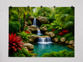 Tropical Waterfall Landscape printed polyester backdrop, shown at244 x183cm with straight-cut unhemmed edges and wall clips. Flat printed scenery; accessories not included.