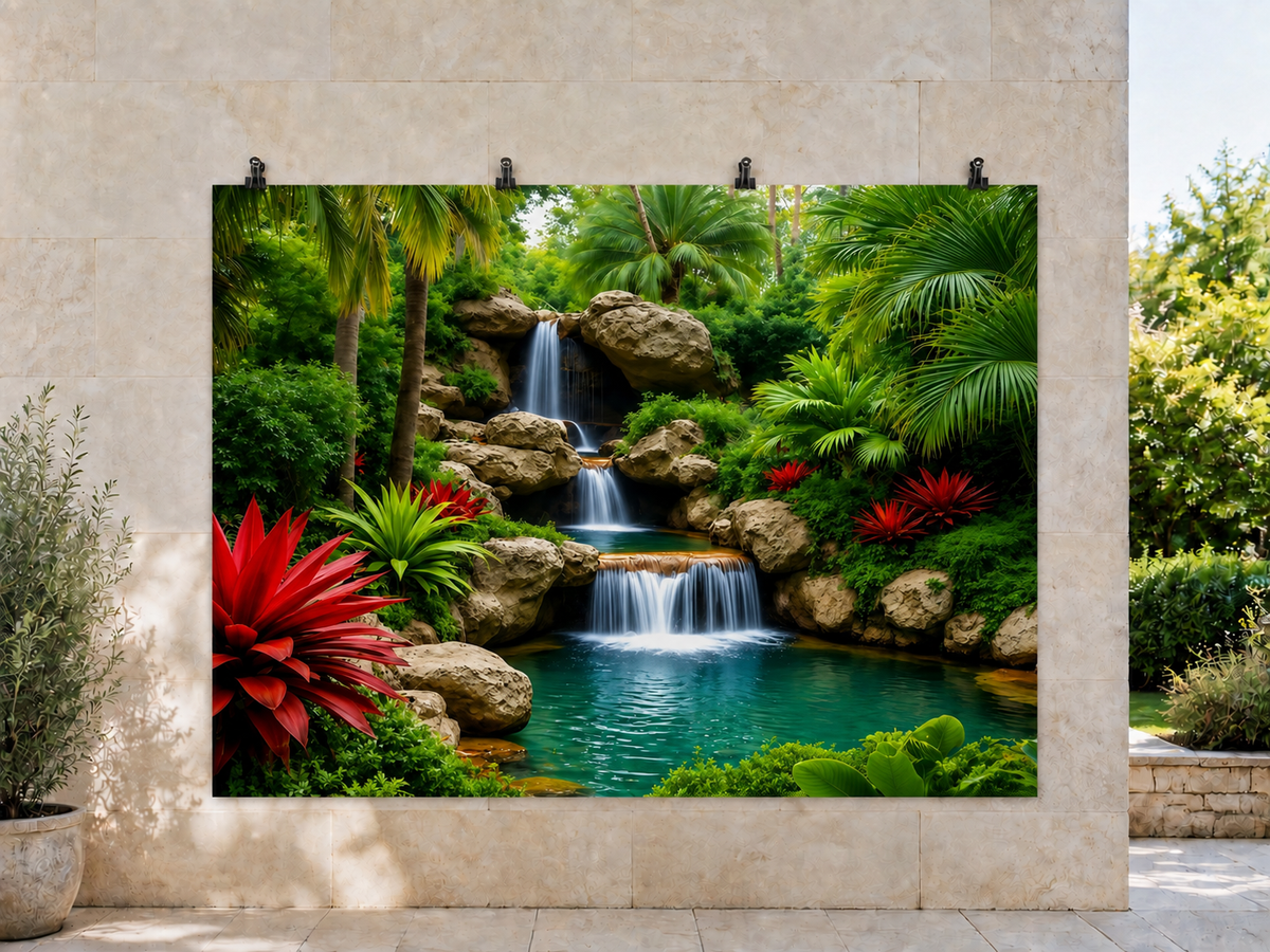 Tropical Waterfall Landscape printed polyester backdrop, shown at244 x183cm with straight-cut unhemmed edges and wall clips. Flat printed scenery; accessories not included.