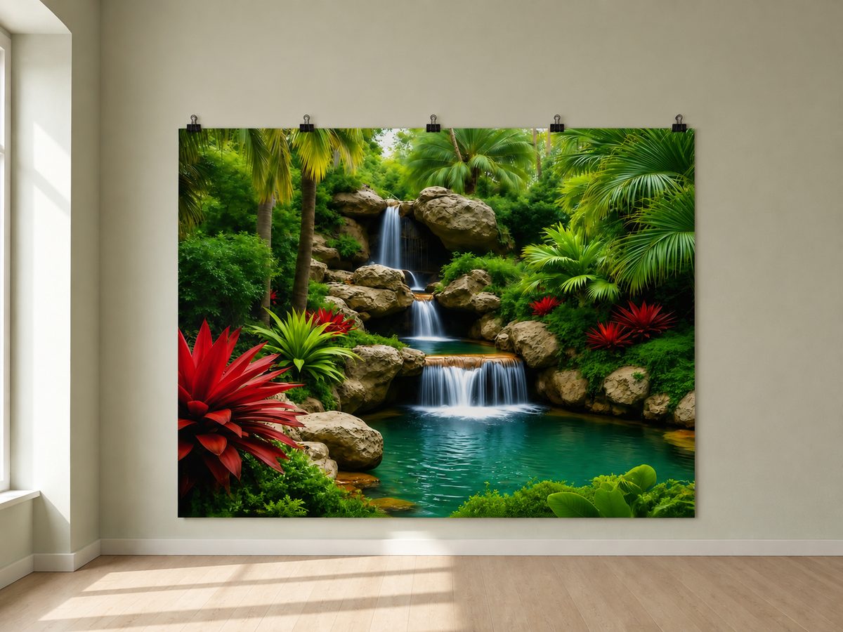 Tropical Waterfall Landscape printed polyester backdrop, shown at244 x183cm with straight-cut unhemmed edges and wall clips. Flat printed scenery; accessories not included.
