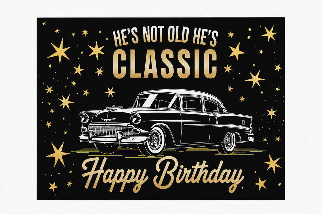 Classic car birthday flat printed polyester backdrop, complete design