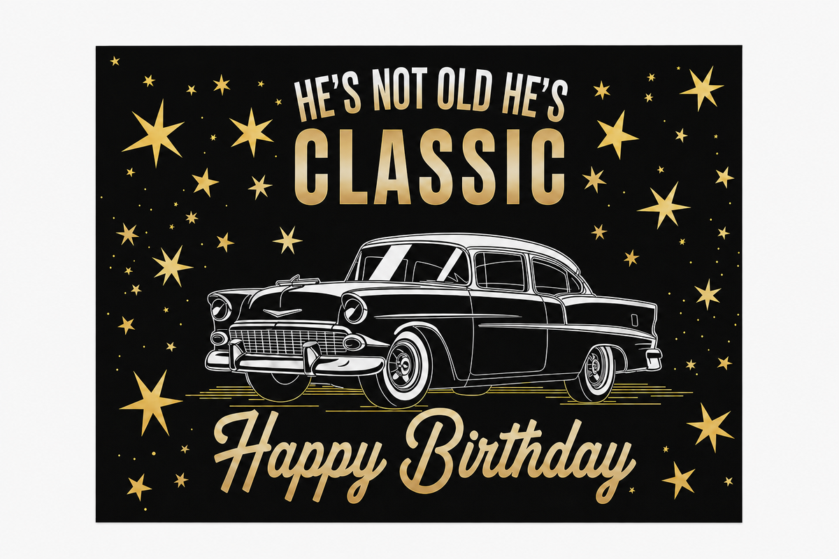 Classic car birthday flat printed polyester backdrop, complete design