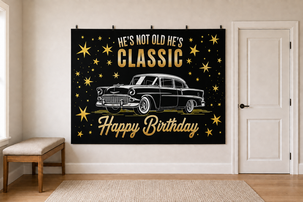 Classic car birthday polyester backdrop clipped directly to an indoor wall