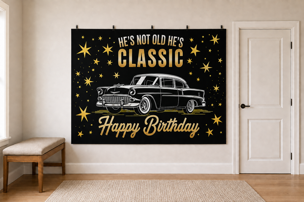 Classic car birthday polyester backdrop clipped directly to an indoor wall