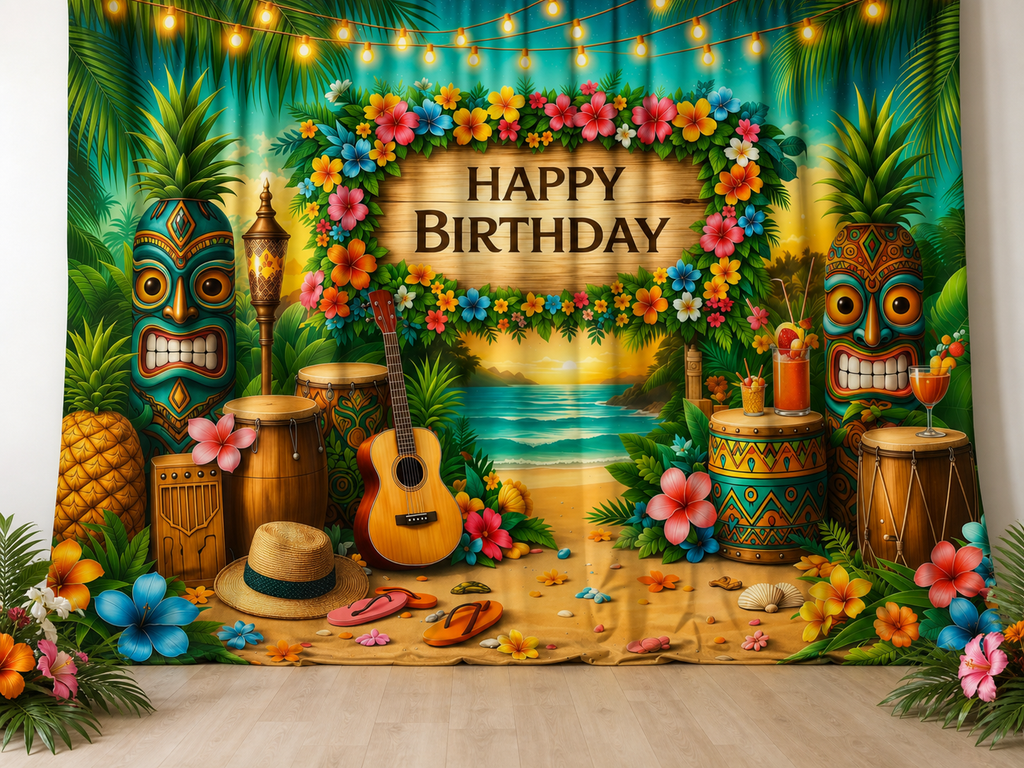 Hawaiian Tropical Happy Birthday fabric photography backdrop scene 2