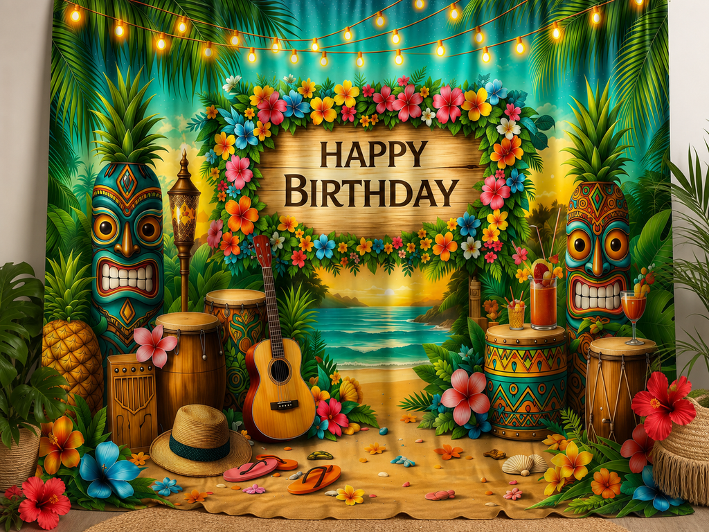 Hawaiian Tropical Happy Birthday fabric photography backdrop scene 3