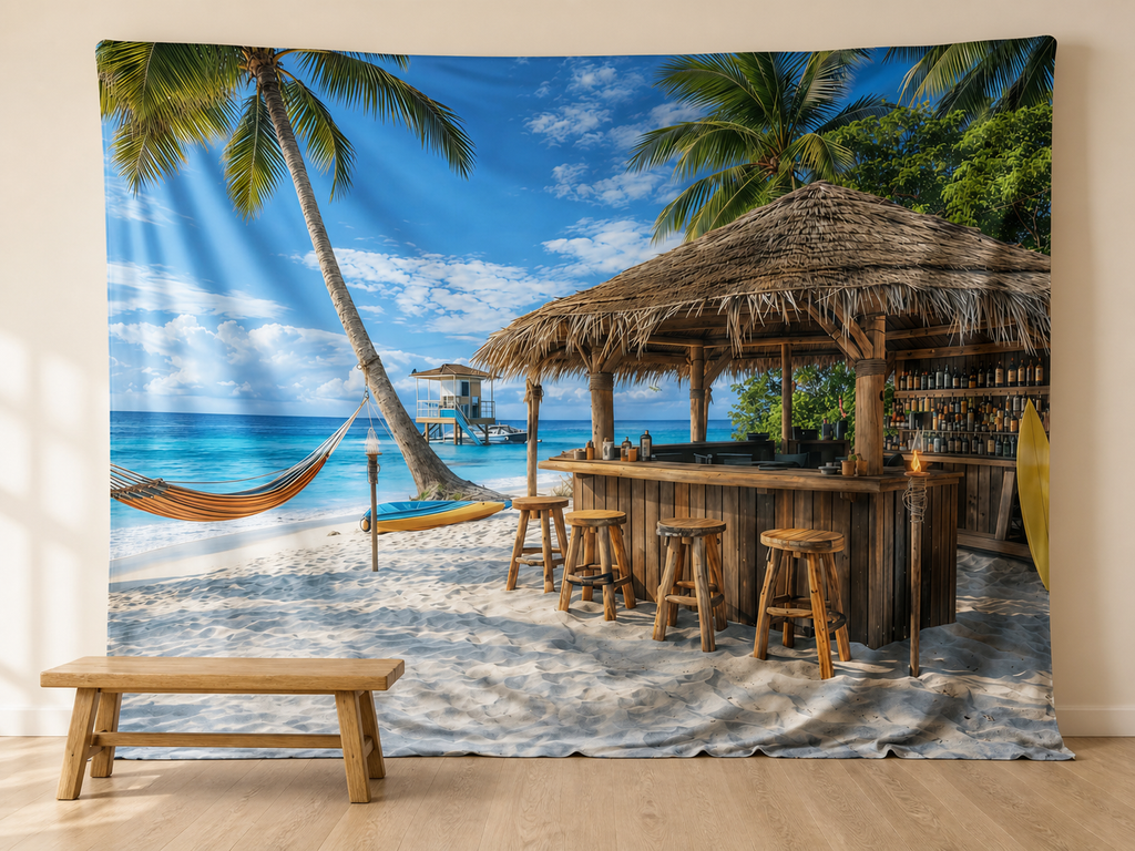 Tropical beach bar photography backdrop scene 1