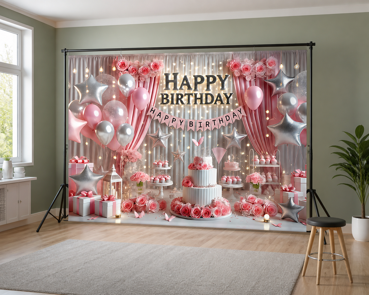 Pink Birthday Balloons and Gifts Backdrop scene 2