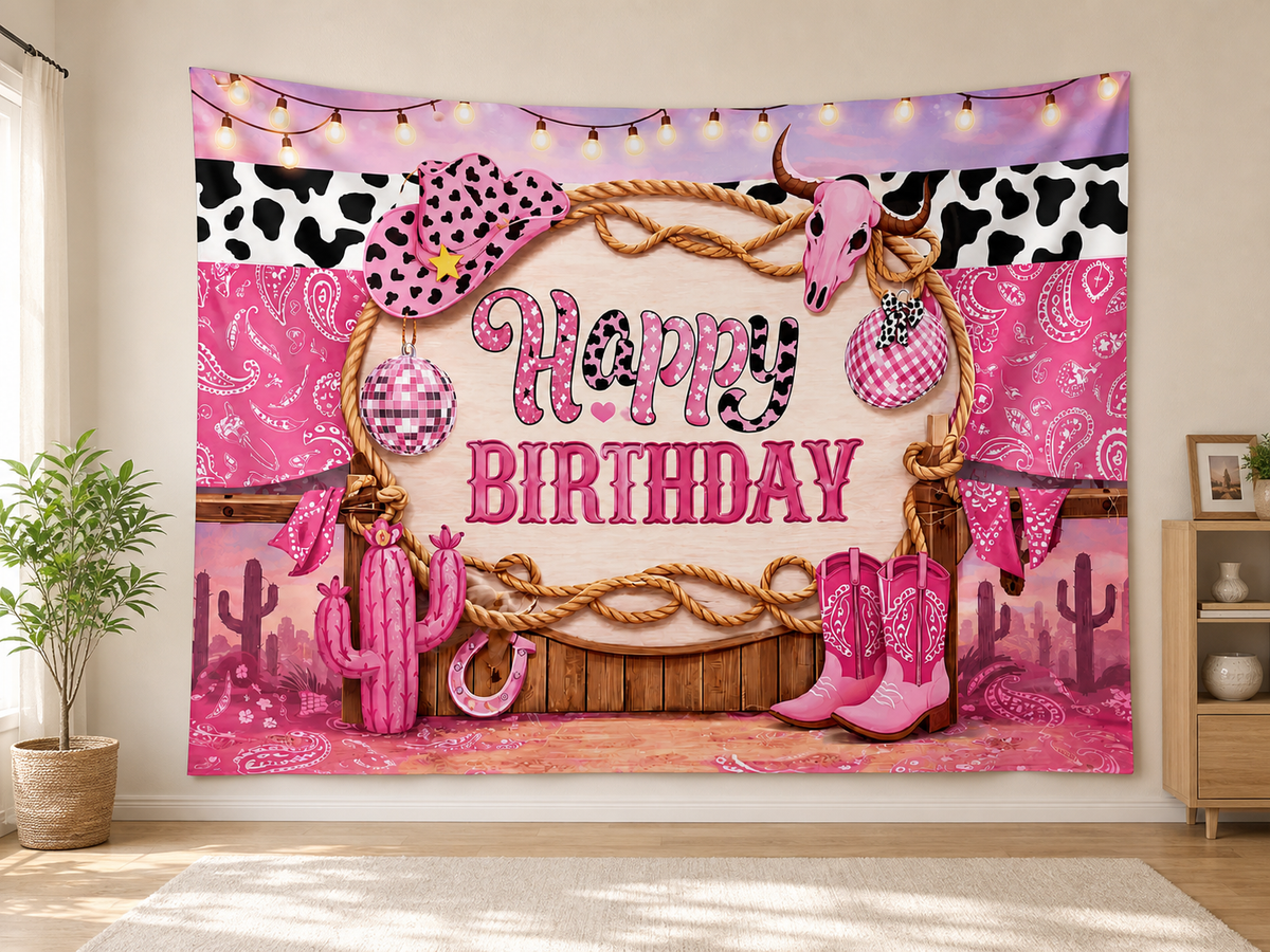 Pink Cowgirl Happy Birthday Backdrop indoor application scene