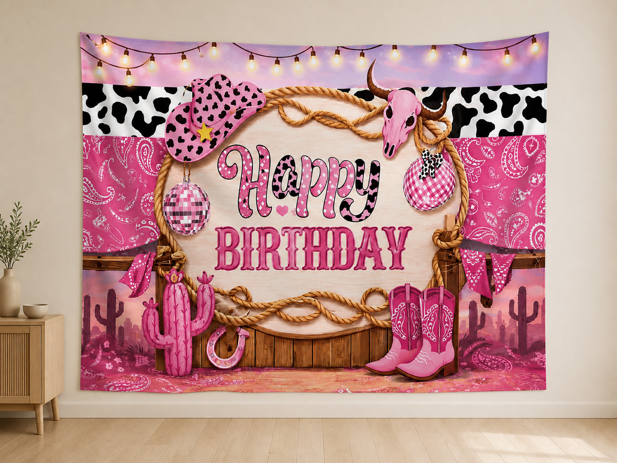 Pink Cowgirl Happy Birthday Backdrop indoor application scene