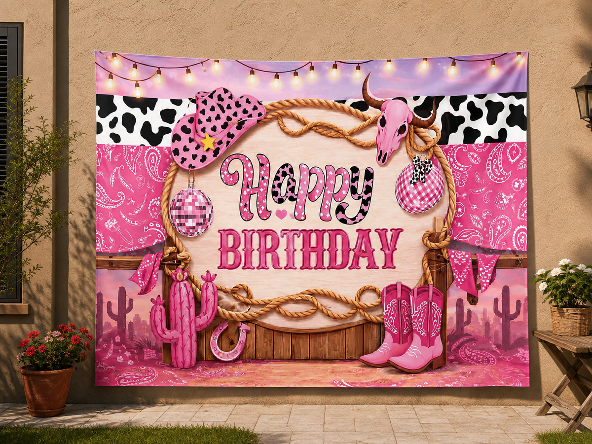 Pink Cowgirl Happy Birthday Backdrop garden application scene