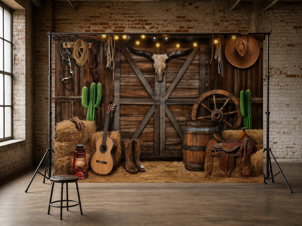 Western Cowboy Barn and Cactus Backdrop scene 2