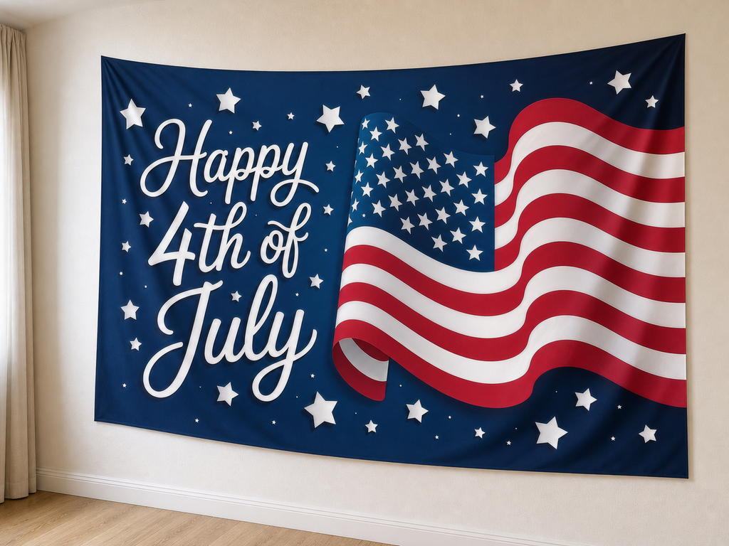 Happy 4th of July Flag Backdrop displayed on a home wall