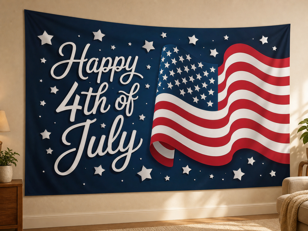 Happy 4th of July Flag Backdrop in a warm home setting