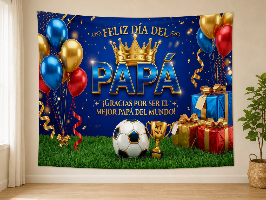 Spanish Father's Day Soccer Backdrop displayed on a home wall