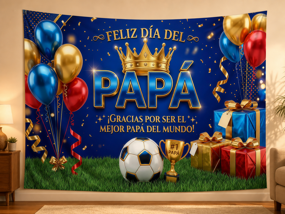 Spanish Father's Day Soccer Backdrop in a warm home setting