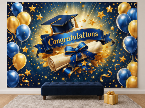 Blue gold Congratulations graduation backdrop party photo scene