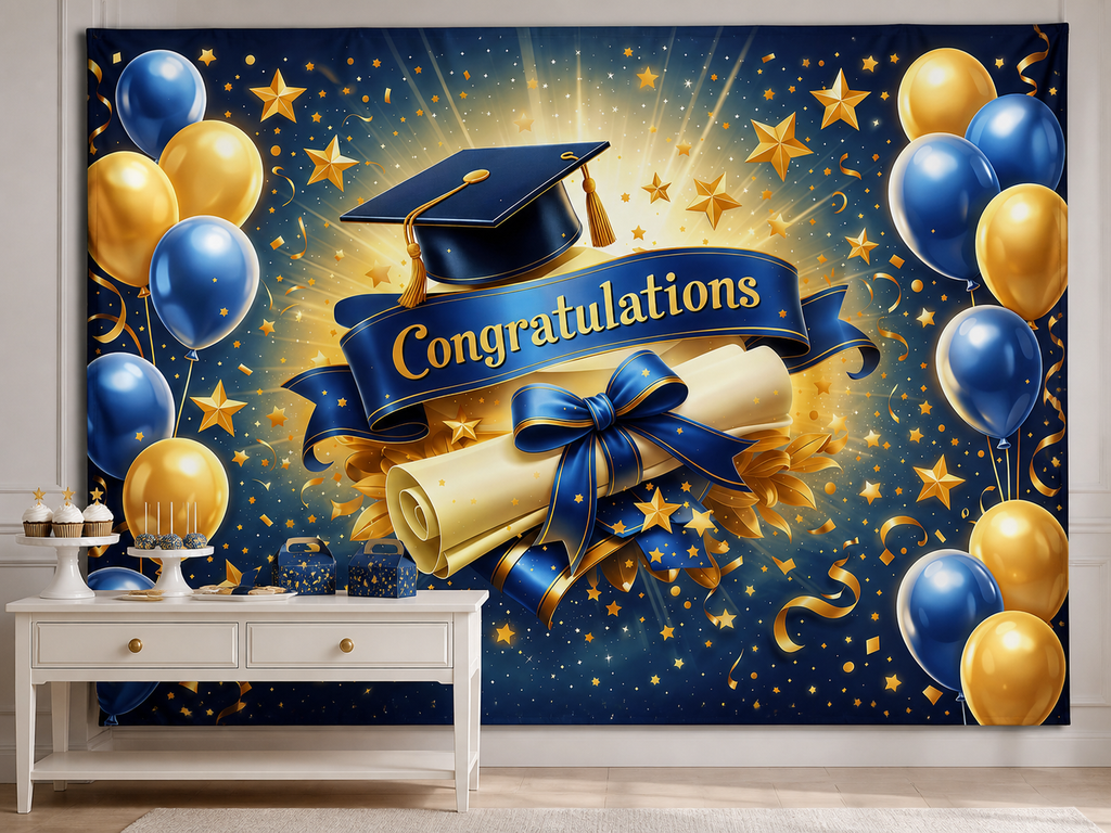 Blue gold graduation cap diploma backdrop reception scene