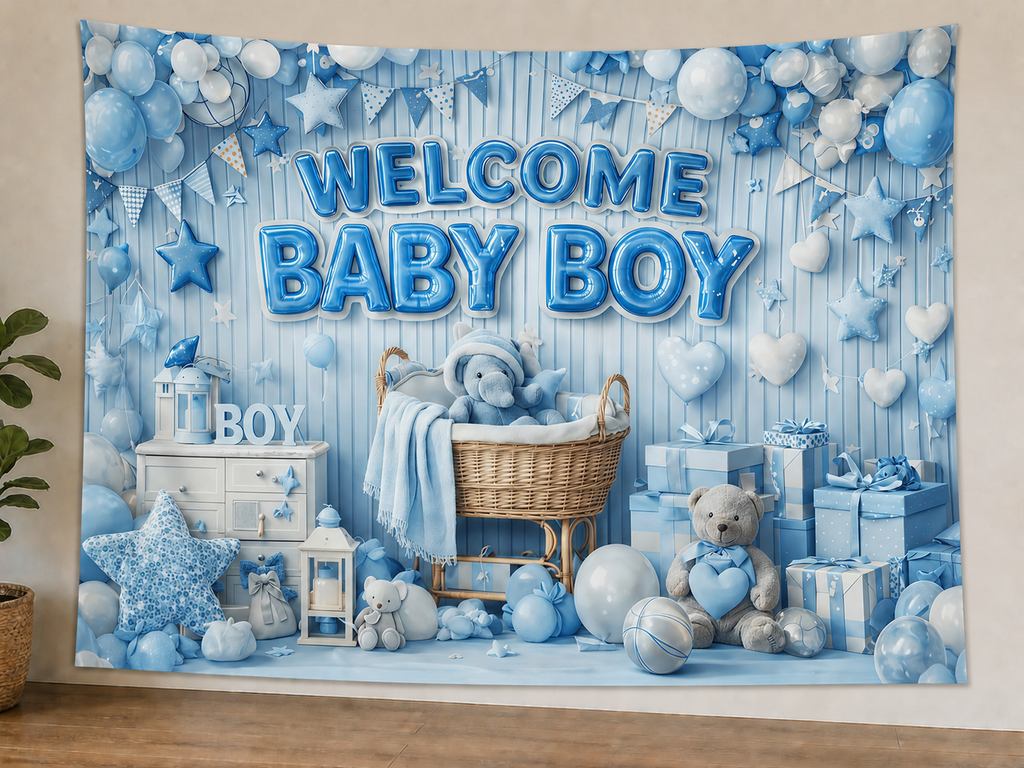 Blue Baby Boy Birthday Backdrop styled scene 1