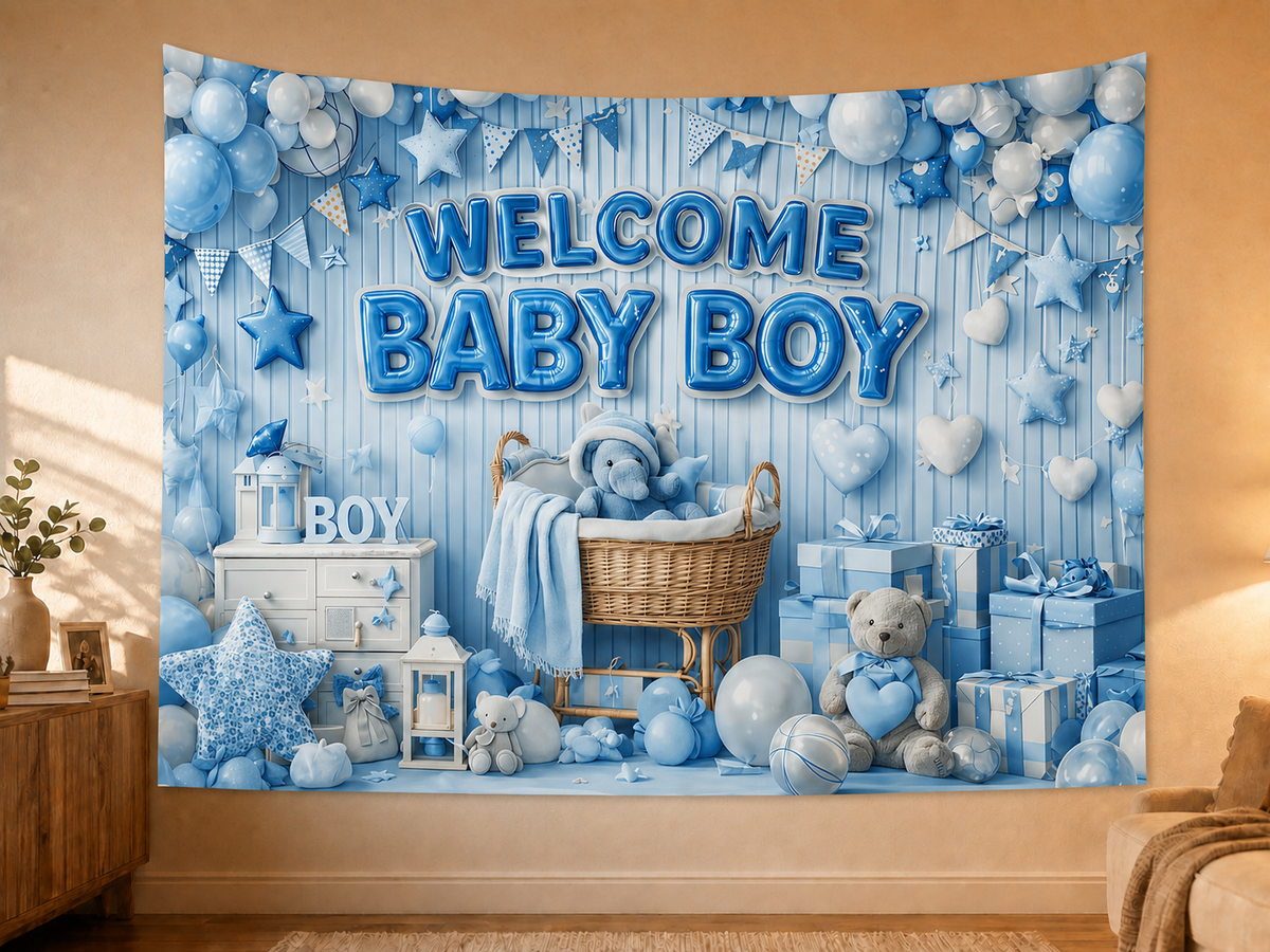 Blue Baby Boy Birthday Backdrop styled scene 2