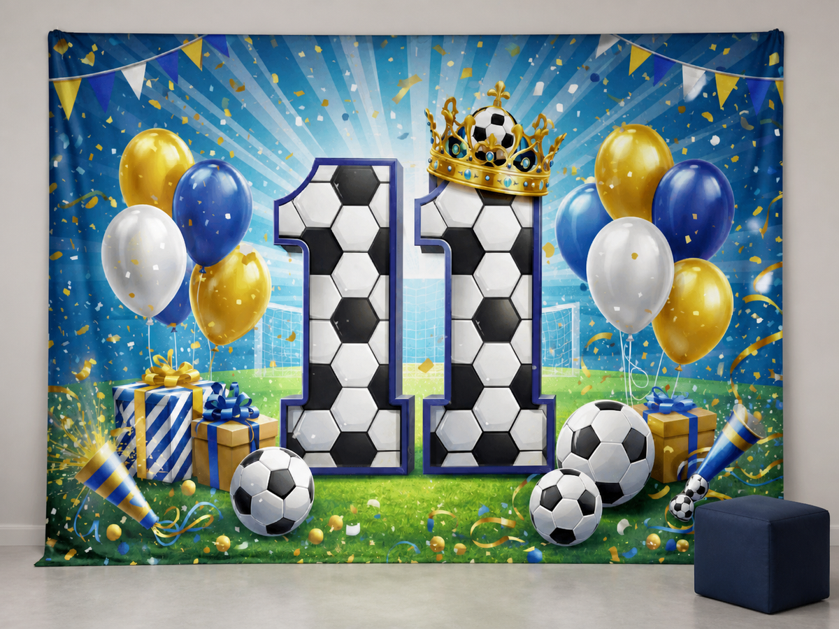 Blue soccer number 11 fabric backdrop for birthday portraits