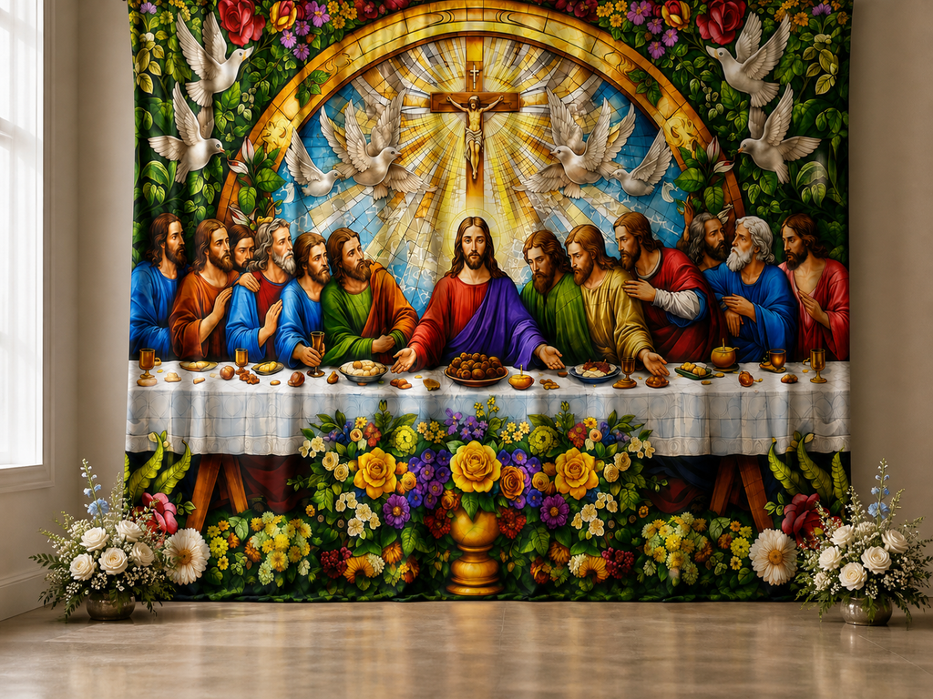 Jesus Last Supper Stained Glass Floral fabric photography backdrop scene 1
