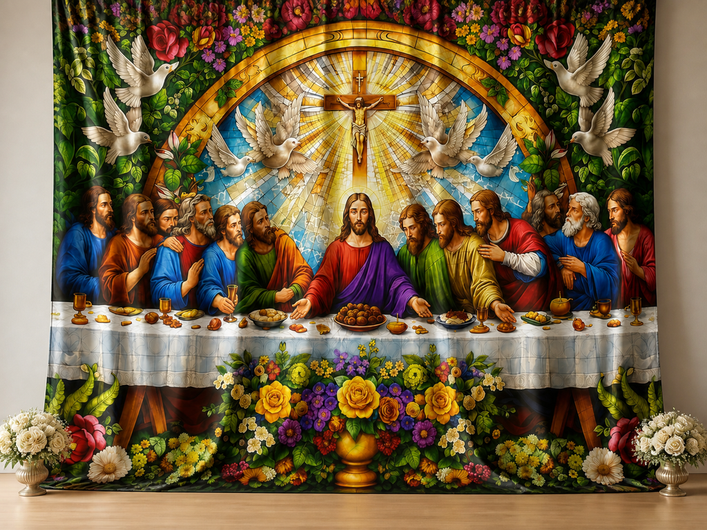 Jesus Last Supper Stained Glass Floral fabric photography backdrop scene 2