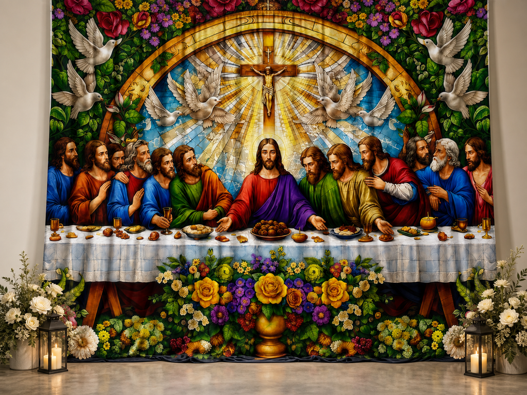 Jesus Last Supper Stained Glass Floral fabric photography backdrop scene 3