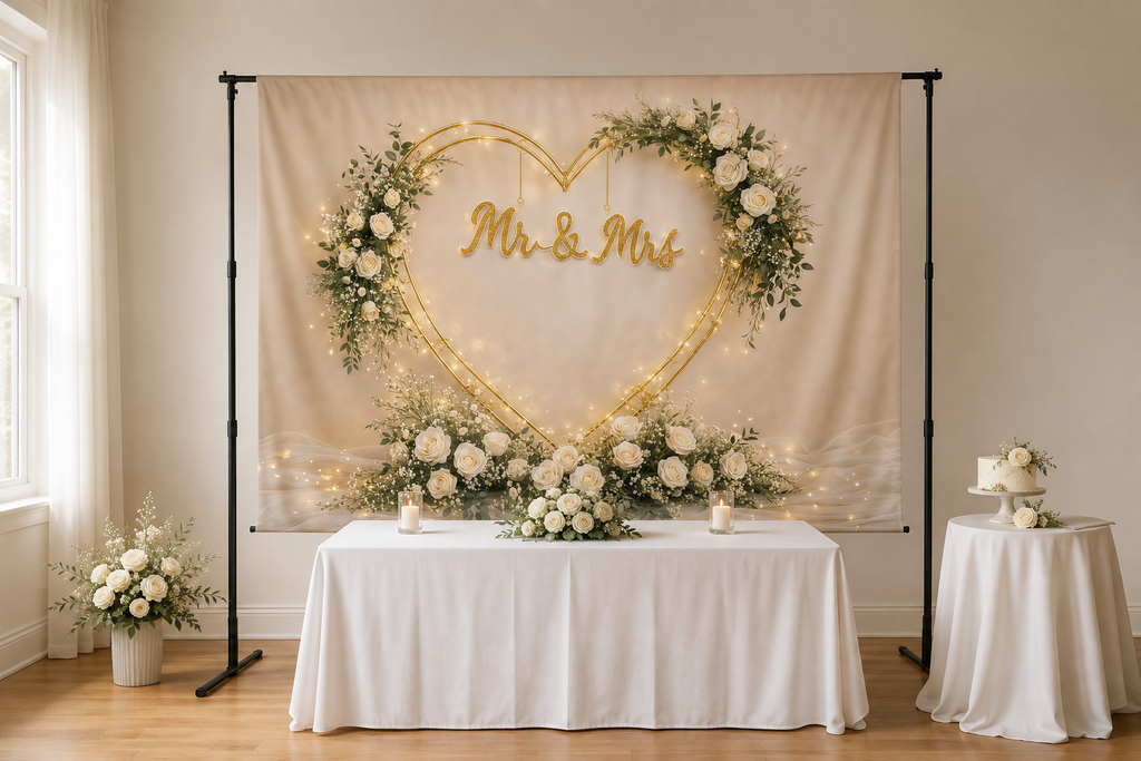 Gold Heart Mr and Mrs Floral Backdrop lifestyle scene 1
