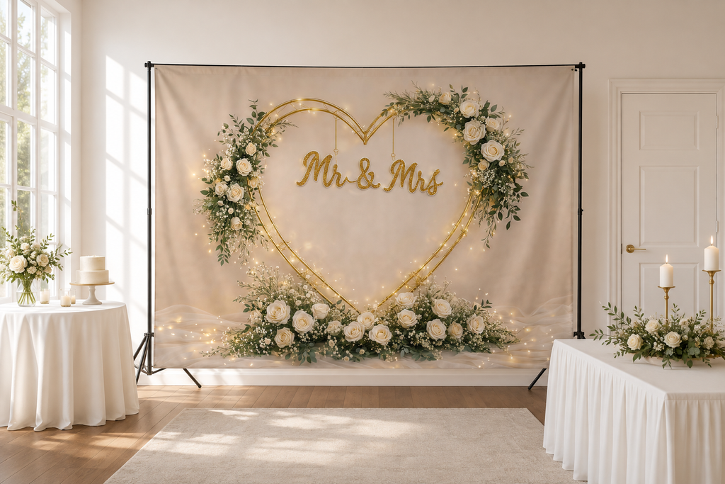 Gold Heart Mr and Mrs Floral Backdrop lifestyle scene 2