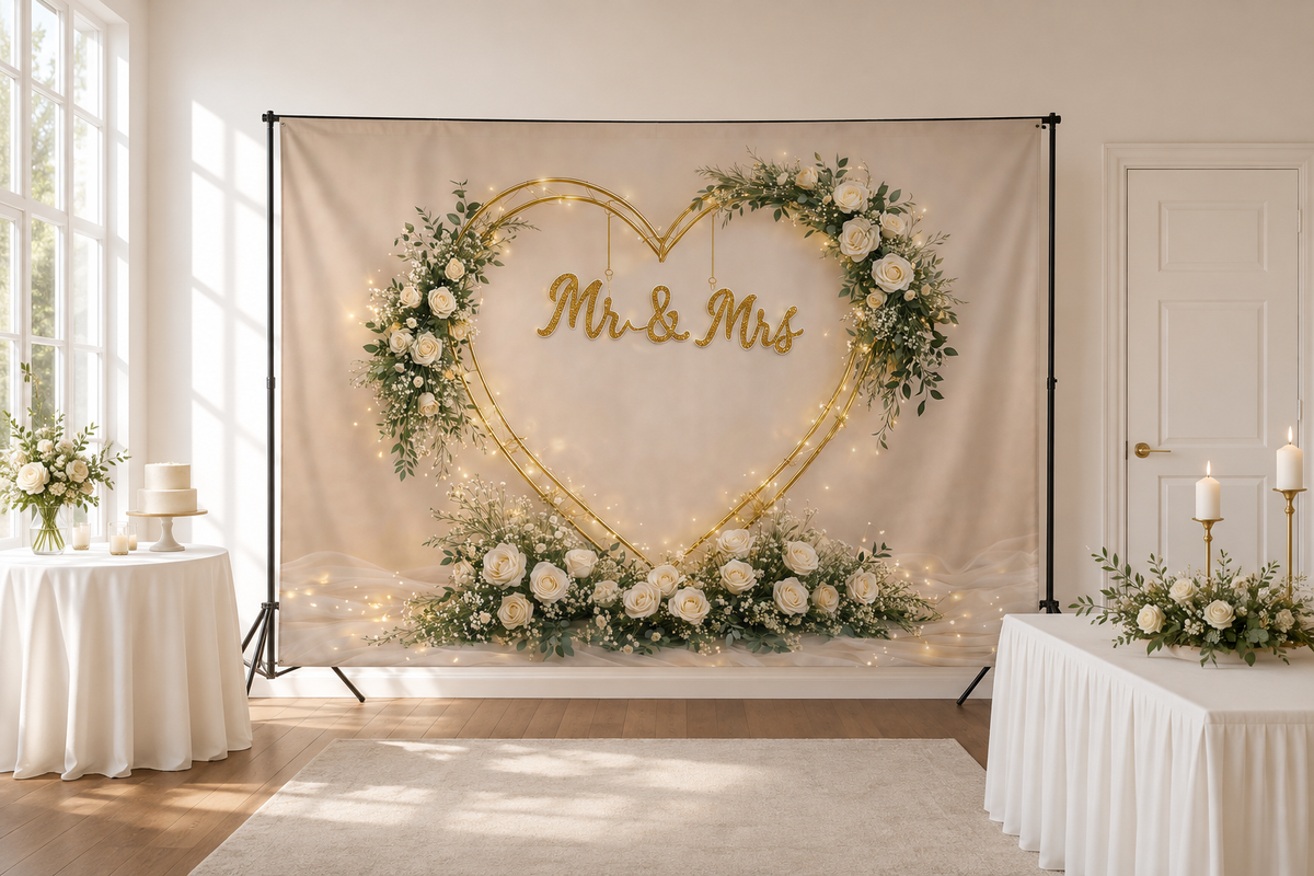 Gold Heart Mr and Mrs Floral Backdrop lifestyle scene 2