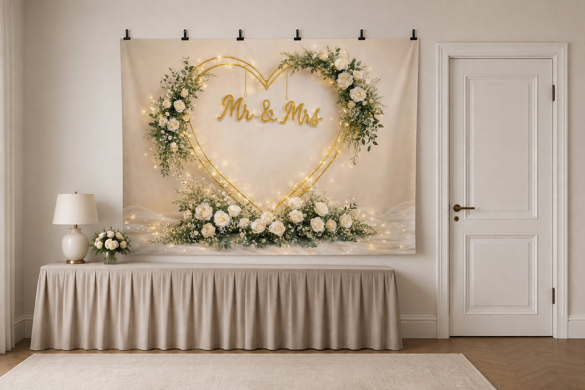Gold Heart Mr and Mrs Floral Backdrop clipped directly to wall