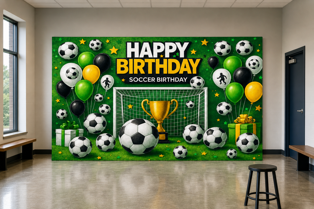 Blue Soccer Birthday Backdrop scene 1