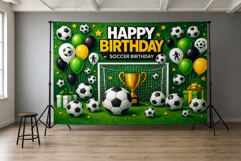 Blue Soccer Birthday Backdrop scene 2