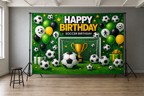 Blue Soccer Birthday Backdrop scene 2