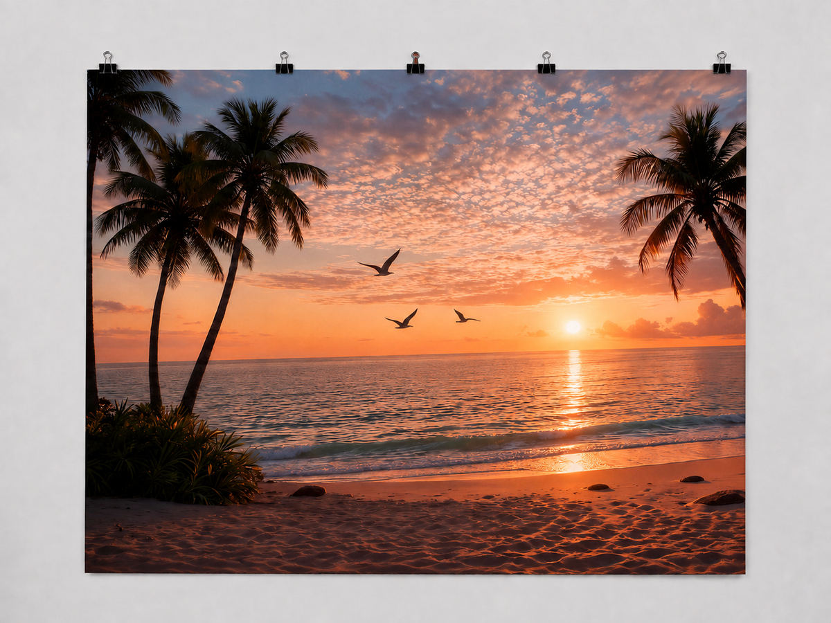 Tropical beach sunset printed polyester backdrop, 244 x 183 cm, full straight-cut edges, clipped directly to a wall.