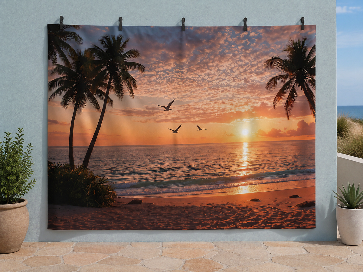 Tropical beach sunset printed polyester backdrop shown at 244 x 183 cm with wall clips; scenery is flat printed artwork, accessories not included.