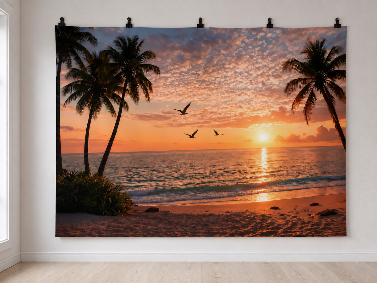 Tropical beach sunset printed polyester backdrop shown at 244 x 183 cm with wall clips; scenery is flat printed artwork, accessories not included.
