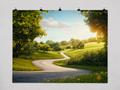 Botanical Hills and Winding Road printed polyester backdrop, shown at244 x183cm with straight-cut unhemmed edges and wall clips. Flat printed scenery; accessories not included.