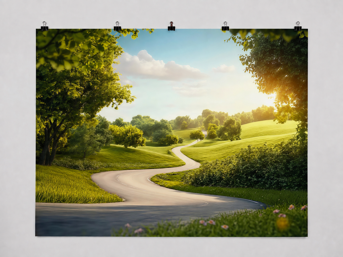 Botanical Hills and Winding Road printed polyester backdrop, shown at244 x183cm with straight-cut unhemmed edges and wall clips. Flat printed scenery; accessories not included.