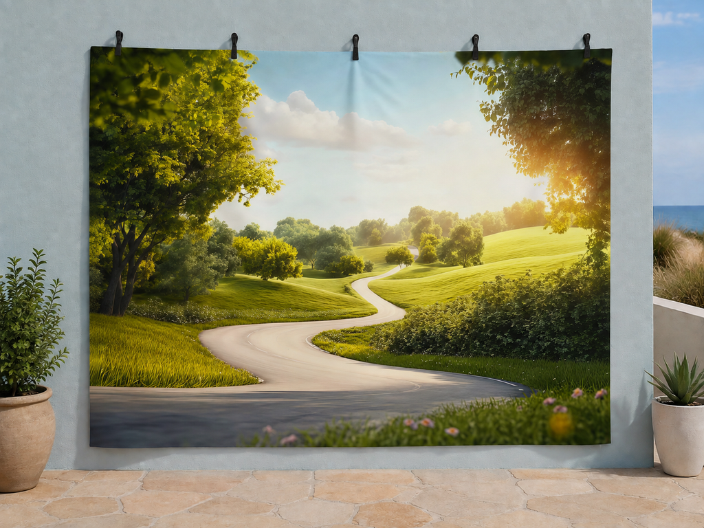 Botanical Hills and Winding Road printed polyester backdrop, shown at244 x183cm with straight-cut unhemmed edges and wall clips. Flat printed scenery; accessories not included.