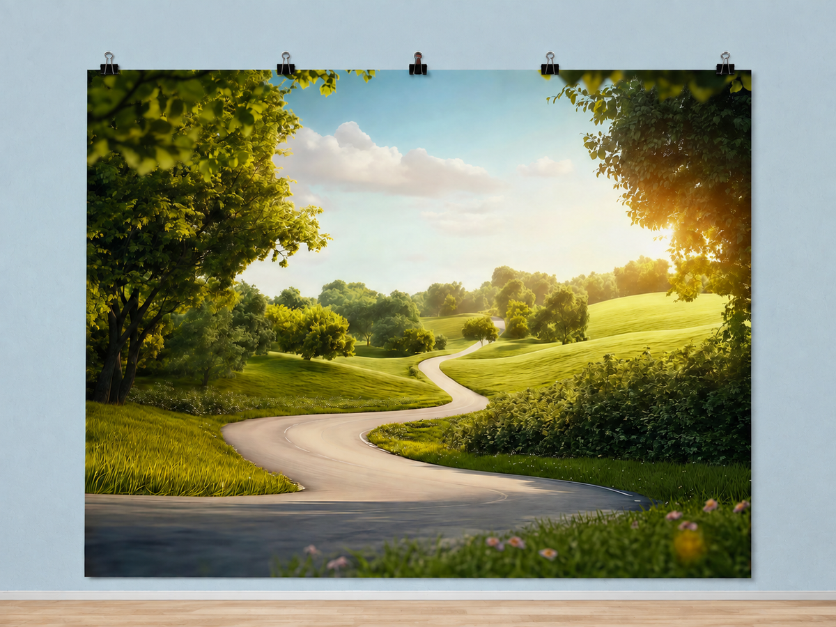Botanical Hills and Winding Road printed polyester backdrop, shown at244 x183cm with straight-cut unhemmed edges and wall clips. Flat printed scenery; accessories not included.