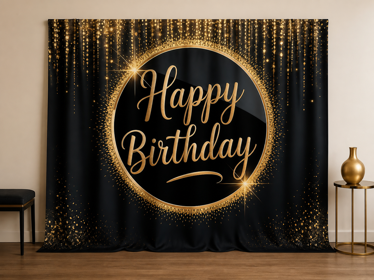Black gold glitter Happy Birthday photography backdrop in an elegant portrait scene